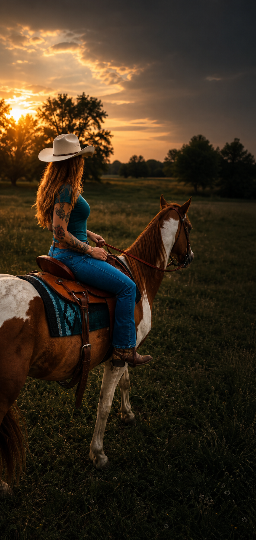 A woman in a cowboy hat riding a horse through a field at sunset